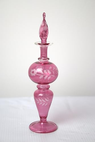 Hand-Blown Pink Glass Perfume Bottle with Floral Etching