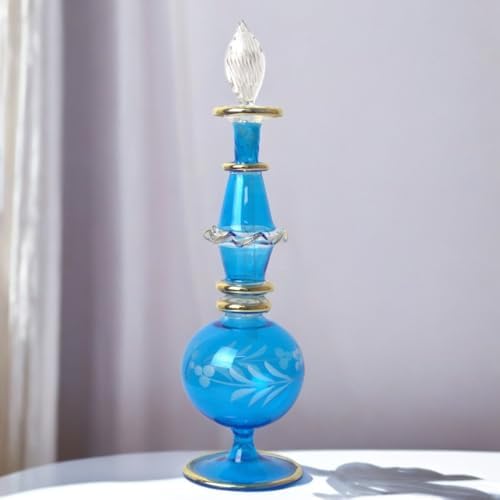 Handmade Blue Glass Perfume Bottle with Golden Accents