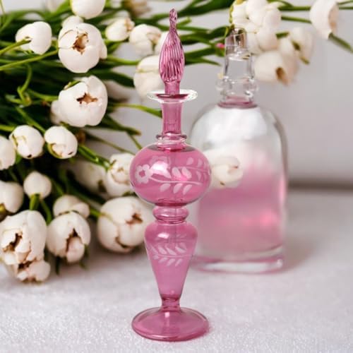 Hand-Blown Pink Glass Perfume Bottle with Floral Etching