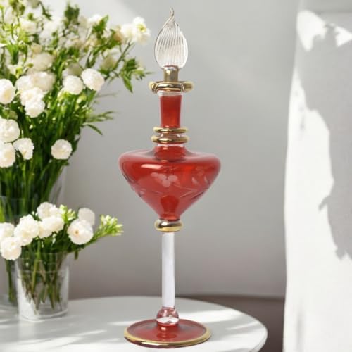 Hand Blown Glass Perfume Bottle with Egyptian Engraving and Gold Trim