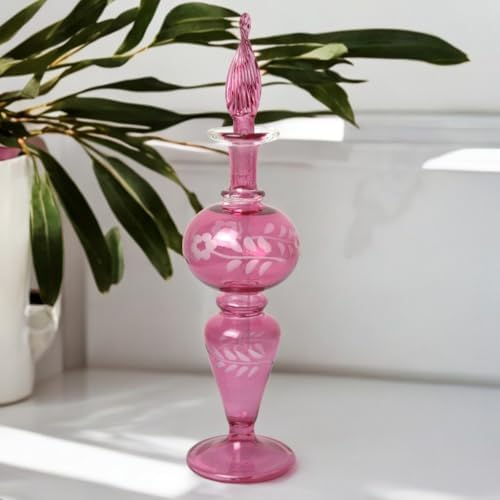 Hand-Blown Pink Glass Perfume Bottle with Floral Etching