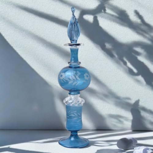Ornamenta Handcrafted Blue Glass Perfume Bottle with Engraved Design