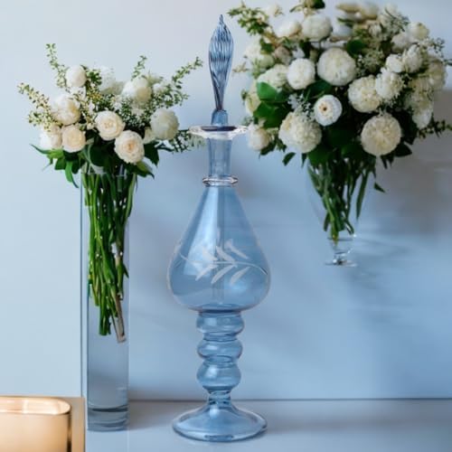 Ornamenta Handmade Blown Glass Perfume Bottle with Blue Engraving