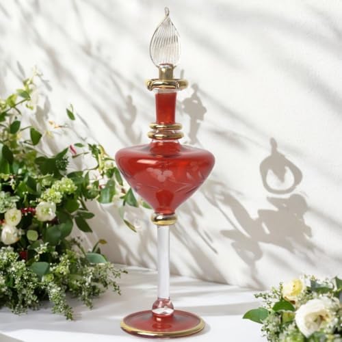 Hand Blown Glass Perfume Bottle with Egyptian Engraving and Gold Trim