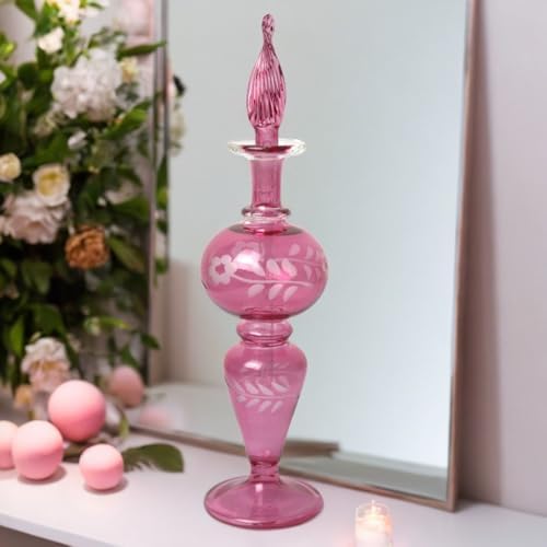 Hand-Blown Pink Glass Perfume Bottle with Floral Etching