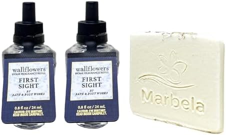 Bath Body Works FIRST SIGHT 2 Pack Wallflowers Home Fragrance Refill Bulbs with Marbela Natural Oats Sample Soap