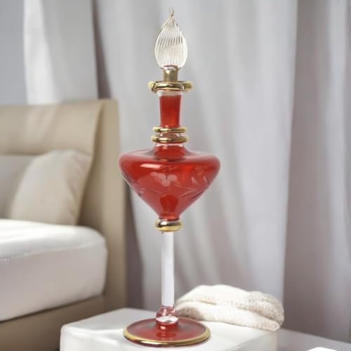 Hand Blown Glass Perfume Bottle with Egyptian Engraving and Gold Trim