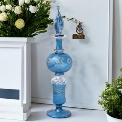 Ornamenta Handcrafted Blue Glass Perfume Bottle with Engraved Design