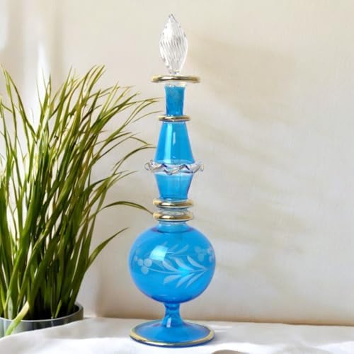 Handmade Blue Glass Perfume Bottle with Golden Accents