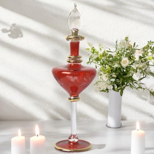 Hand Blown Glass Perfume Bottle with Egyptian Engraving and Gold Trim