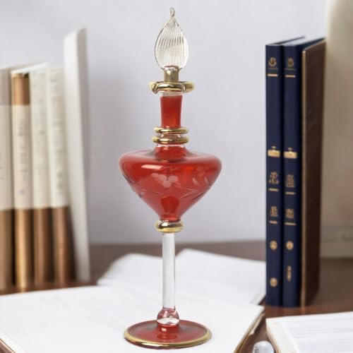 Hand Blown Glass Perfume Bottle with Egyptian Engraving and Gold Trim
