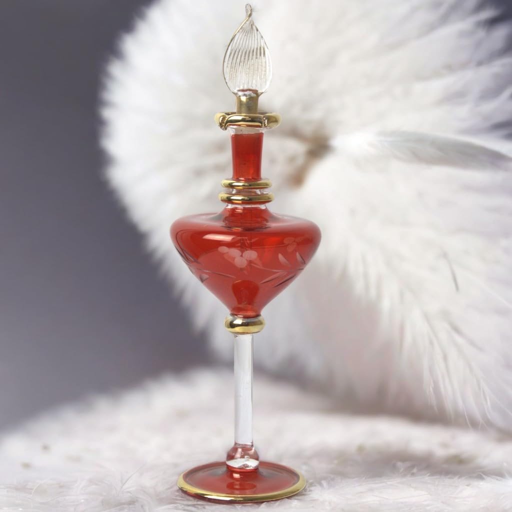 Hand Blown Glass Perfume Bottle with Egyptian Engraving and Gold Trim
