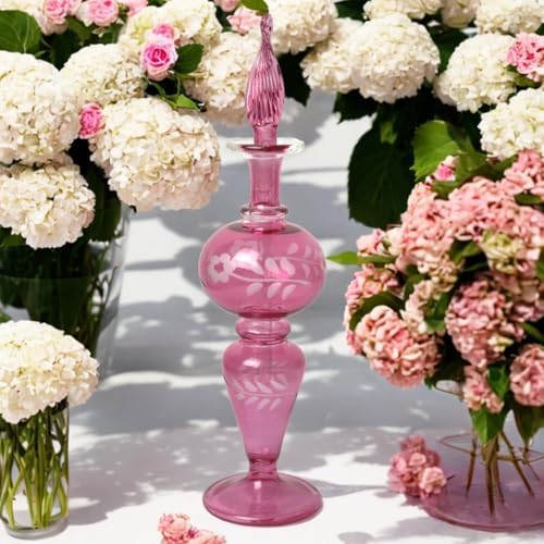 Hand-Blown Pink Glass Perfume Bottle with Floral Etching