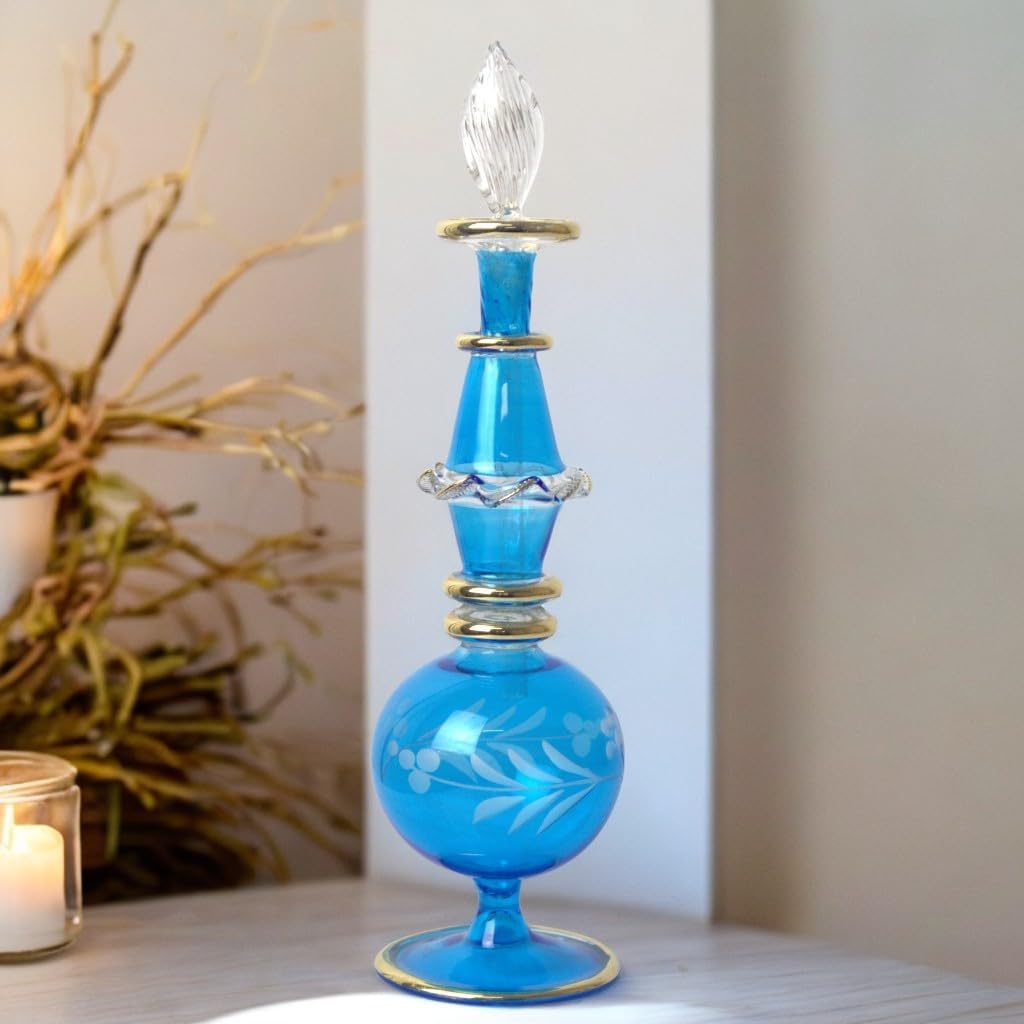 Handmade Blue Glass Perfume Bottle with Golden Accents
