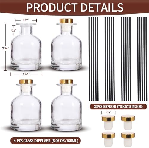 4 Pack Transparent Reed Diffuser Bottles with Gold Caps and Black Sticks for DIY Fragrance