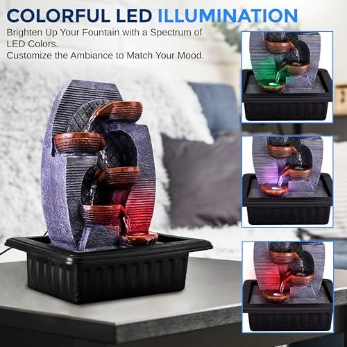 SereneLife Tabletop Water Fountain with LED Light Automatic Pump