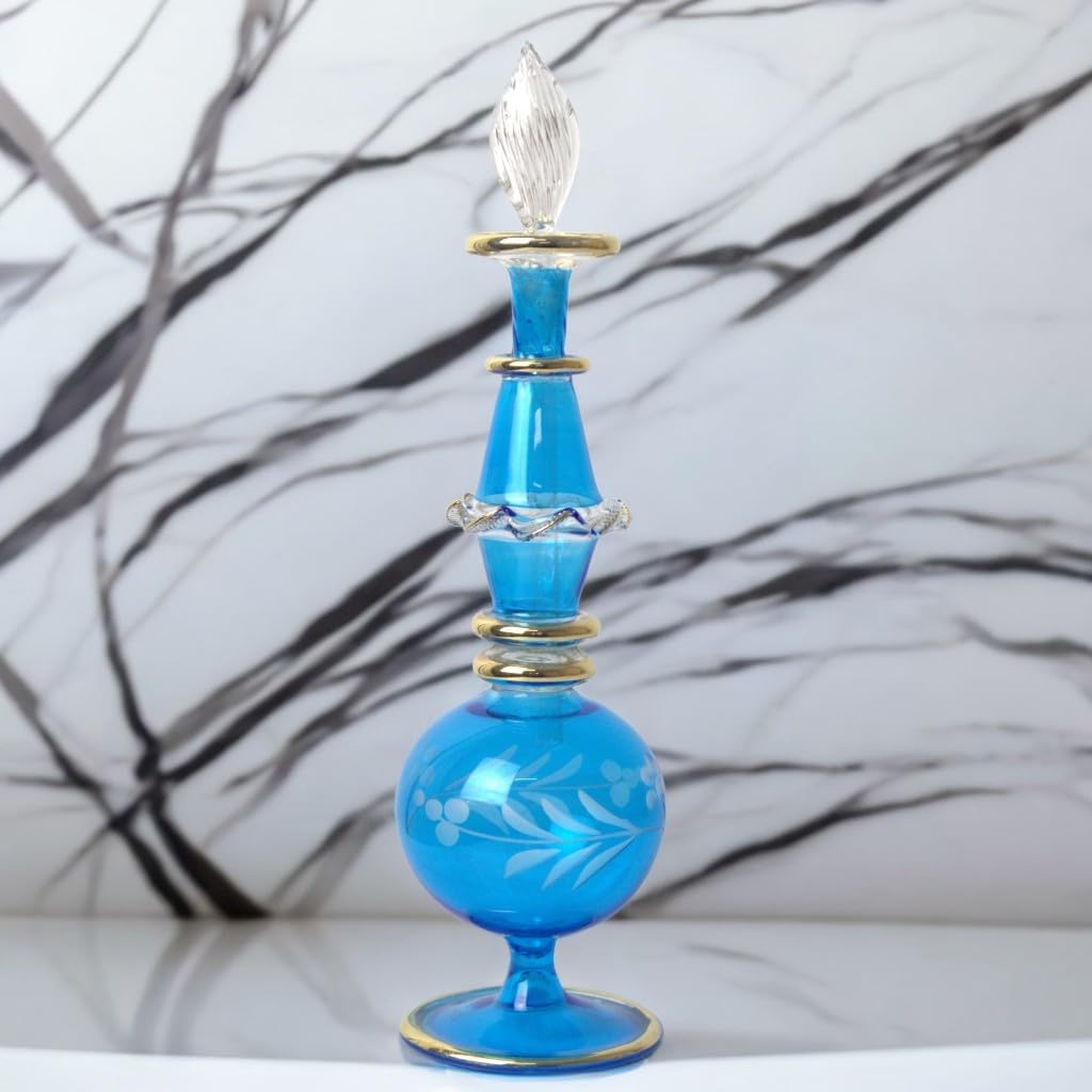 Handmade Blue Glass Perfume Bottle with Golden Accents