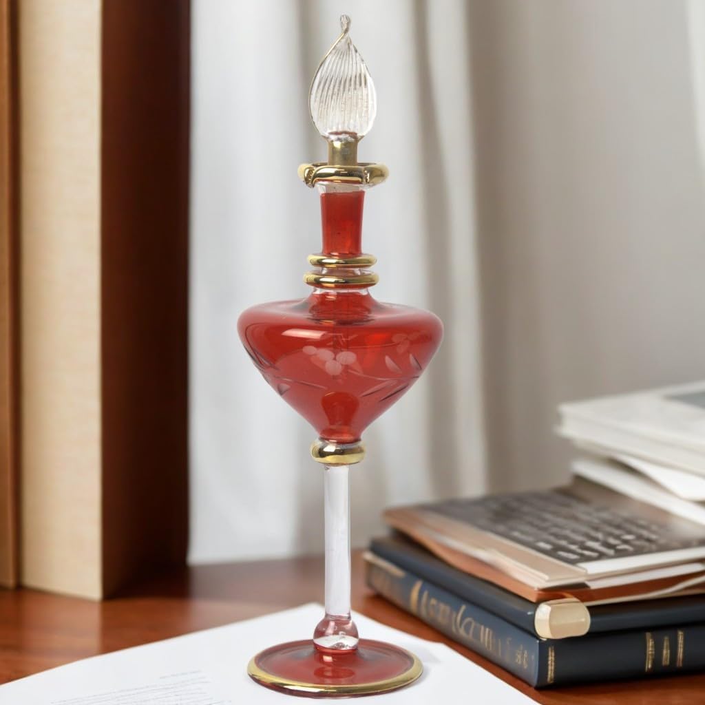 Hand Blown Glass Perfume Bottle with Egyptian Engraving and Gold Trim
