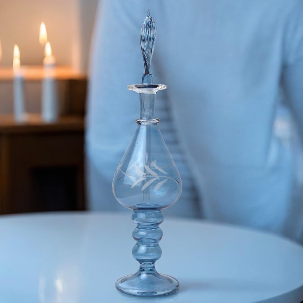 Ornamenta Handmade Blown Glass Perfume Bottle with Blue Engraving