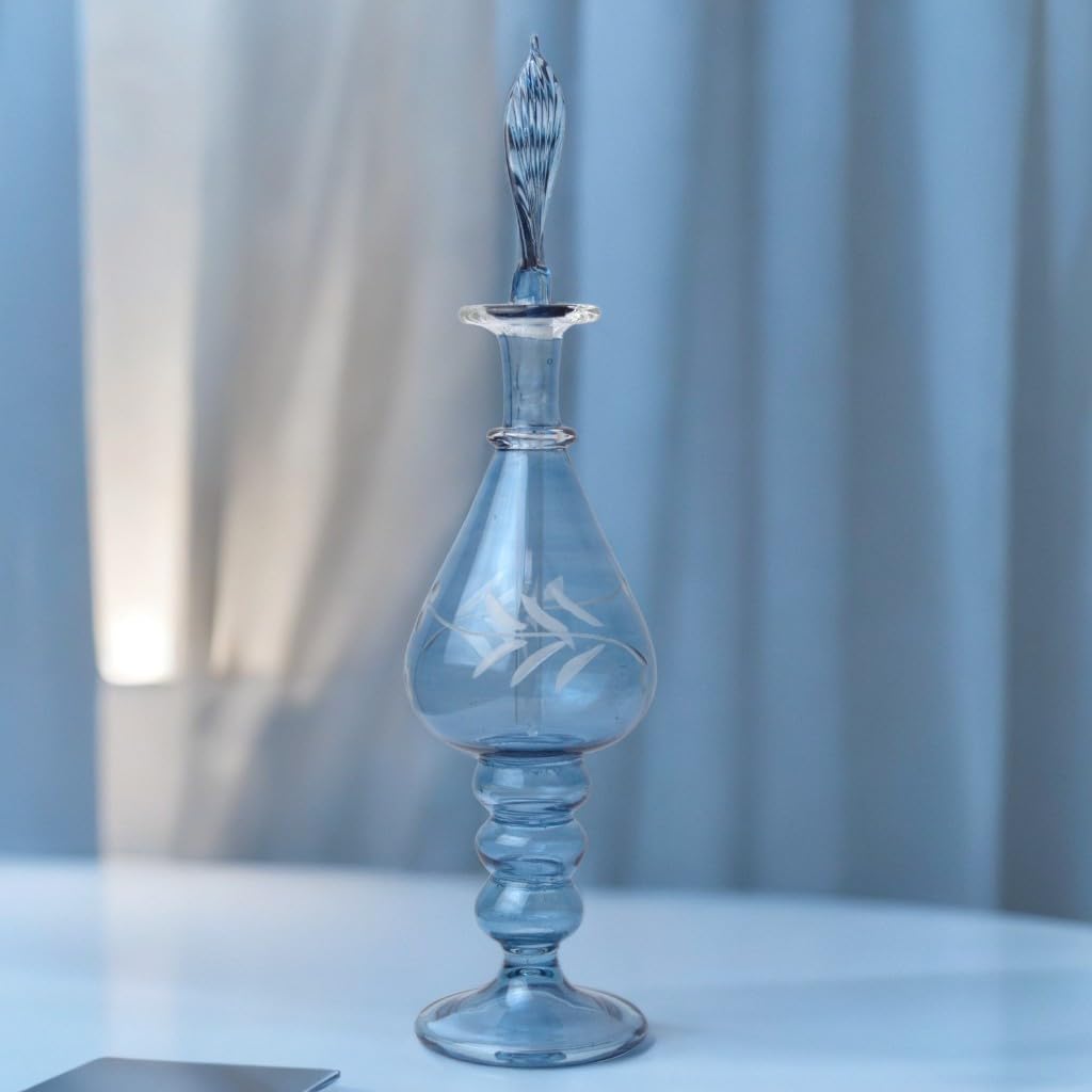 Ornamenta Handmade Blown Glass Perfume Bottle with Blue Engraving