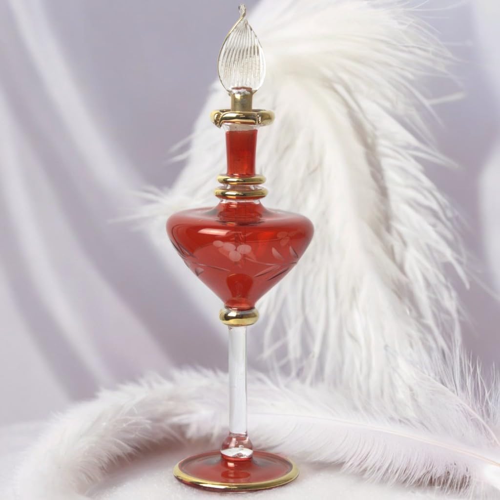 Hand Blown Glass Perfume Bottle with Egyptian Engraving and Gold Trim