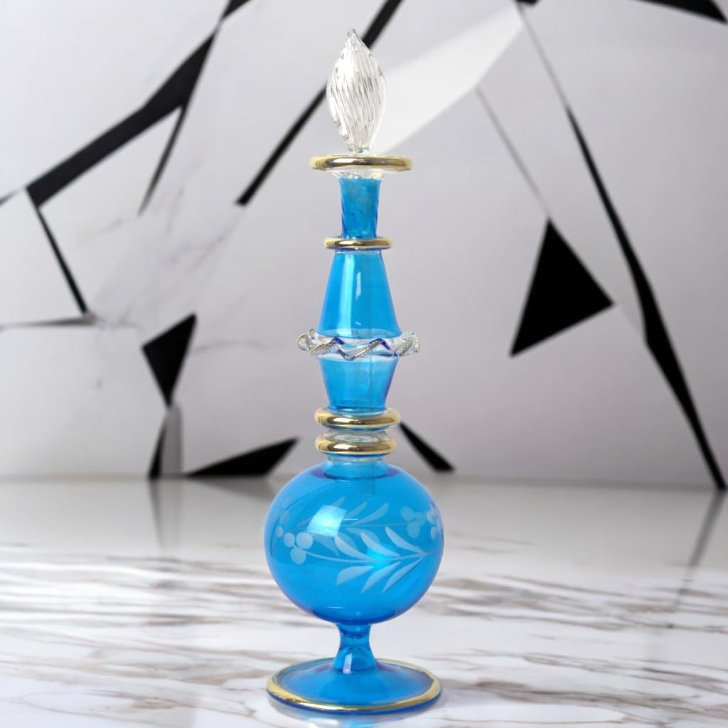 Handmade Blue Glass Perfume Bottle with Golden Accents