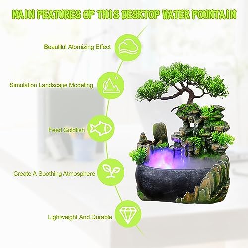 Tabletop Water Fountain with LED Light and Plants
