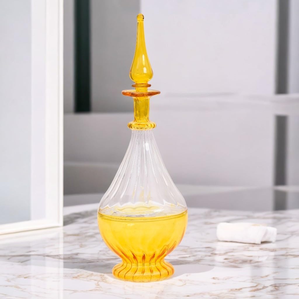 Hand-Blown Yellow Glass Perfume Bottle with Ribbed Design