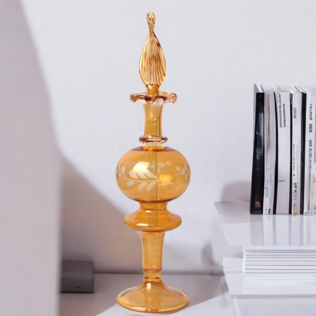 Hand Painted Orange Glass Perfume Bottle Egyptian Design