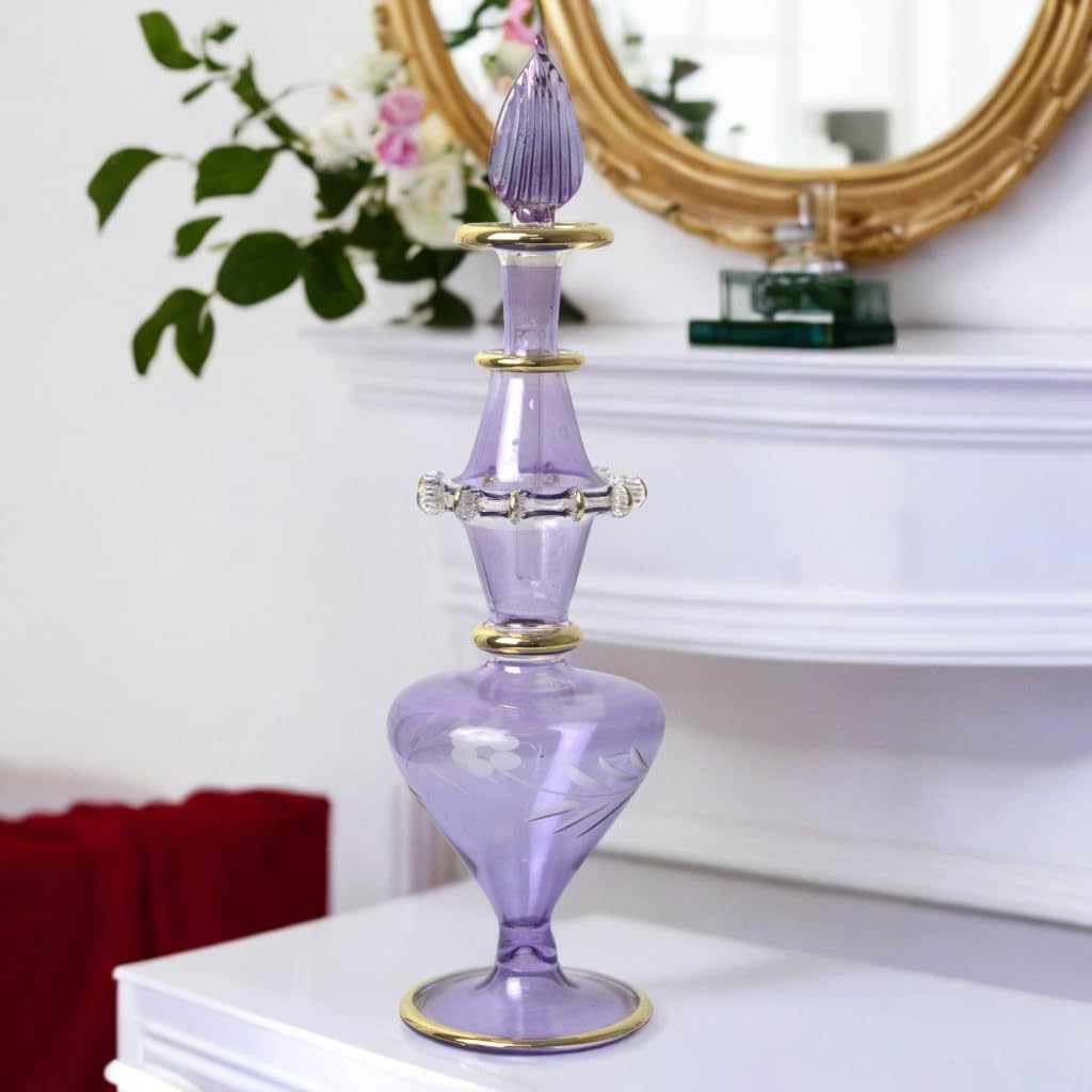 Egyptian Glass Perfume Bottle with Golden Trim and Engraved Design