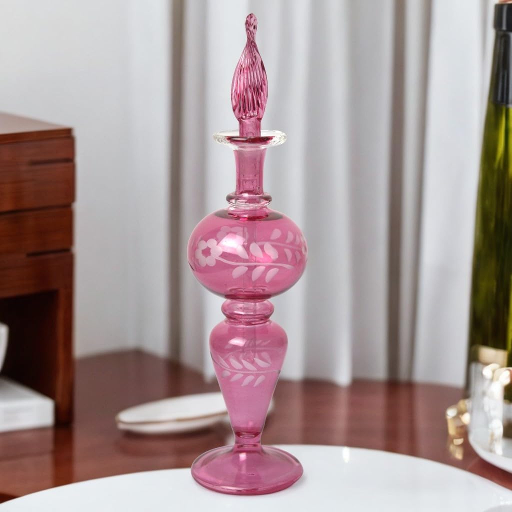 Hand-Blown Pink Glass Perfume Bottle with Floral Etching