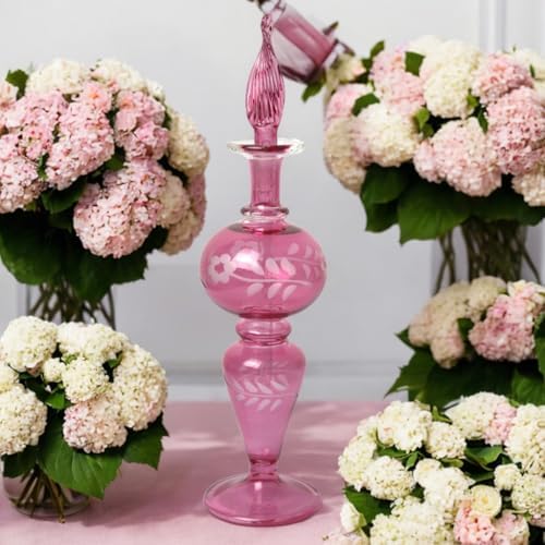Hand-Blown Pink Glass Perfume Bottle with Floral Etching