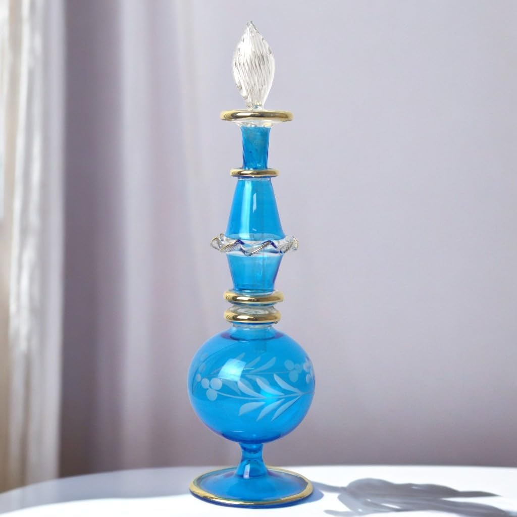 Handmade Blue Glass Perfume Bottle with Golden Accents