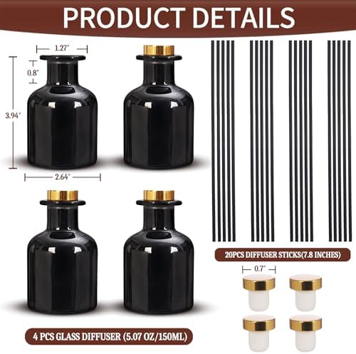 4 Pack Perfume Reed Diffuser Bottles with Gold Caps and Black Sticks