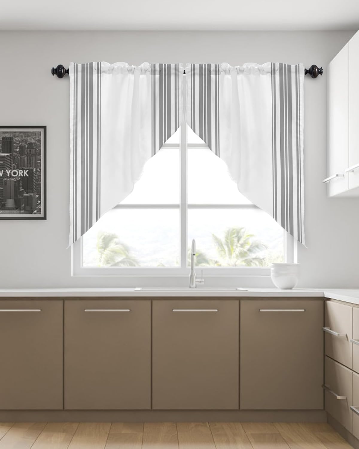 Gray Stripes Swag Valance Curtains 28x36in Polyester Rod Pocket