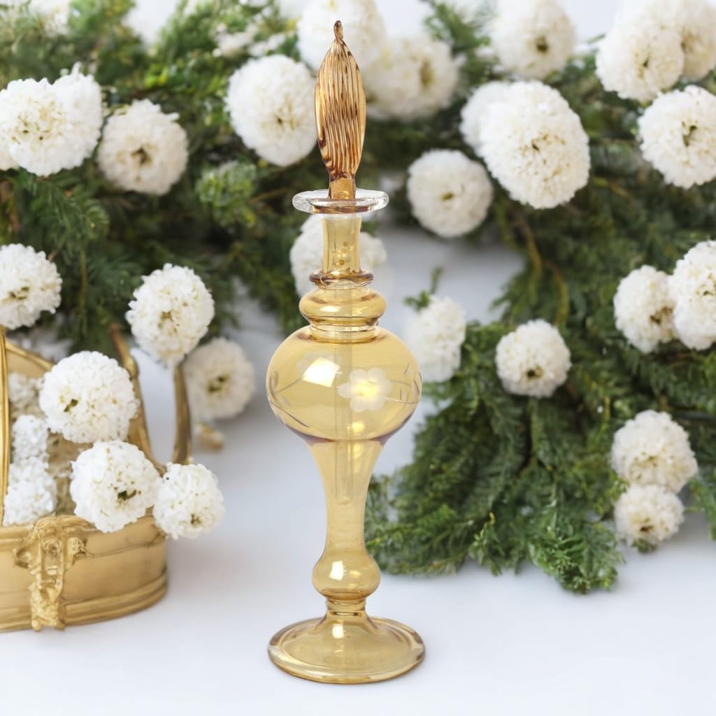 Hand-Blown Amber Glass Fragrance Bottle with Floral Etching