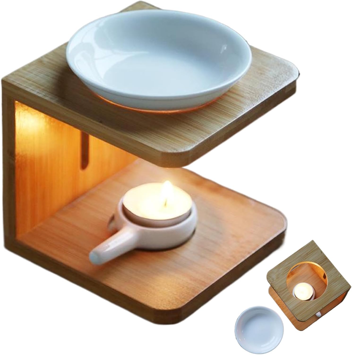 Essential Oil Burner with Bamboo Base and Ceramic Holder