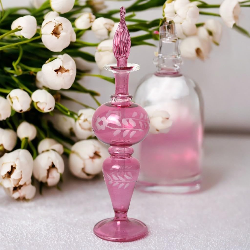 Hand-Blown Pink Glass Perfume Bottle with Floral Etching