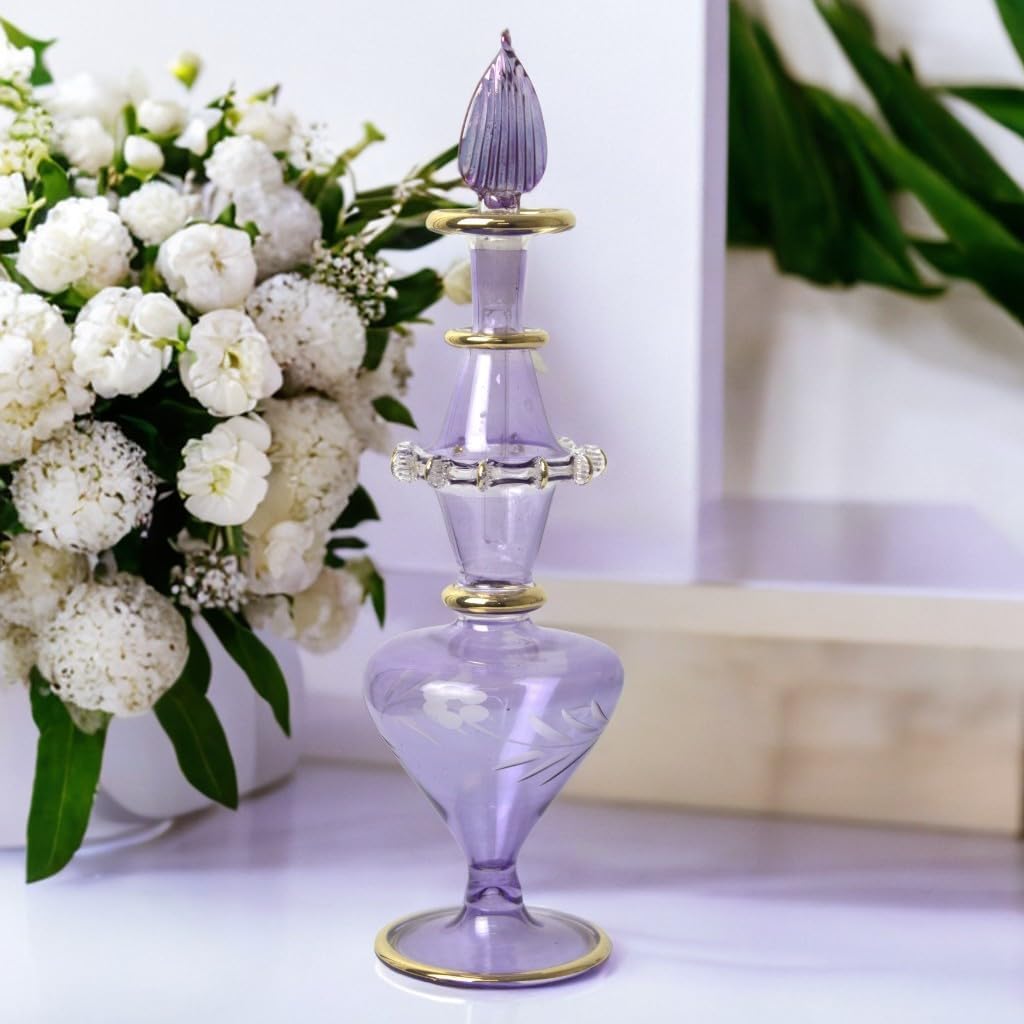 Egyptian Glass Perfume Bottle with Golden Trim and Engraved Design