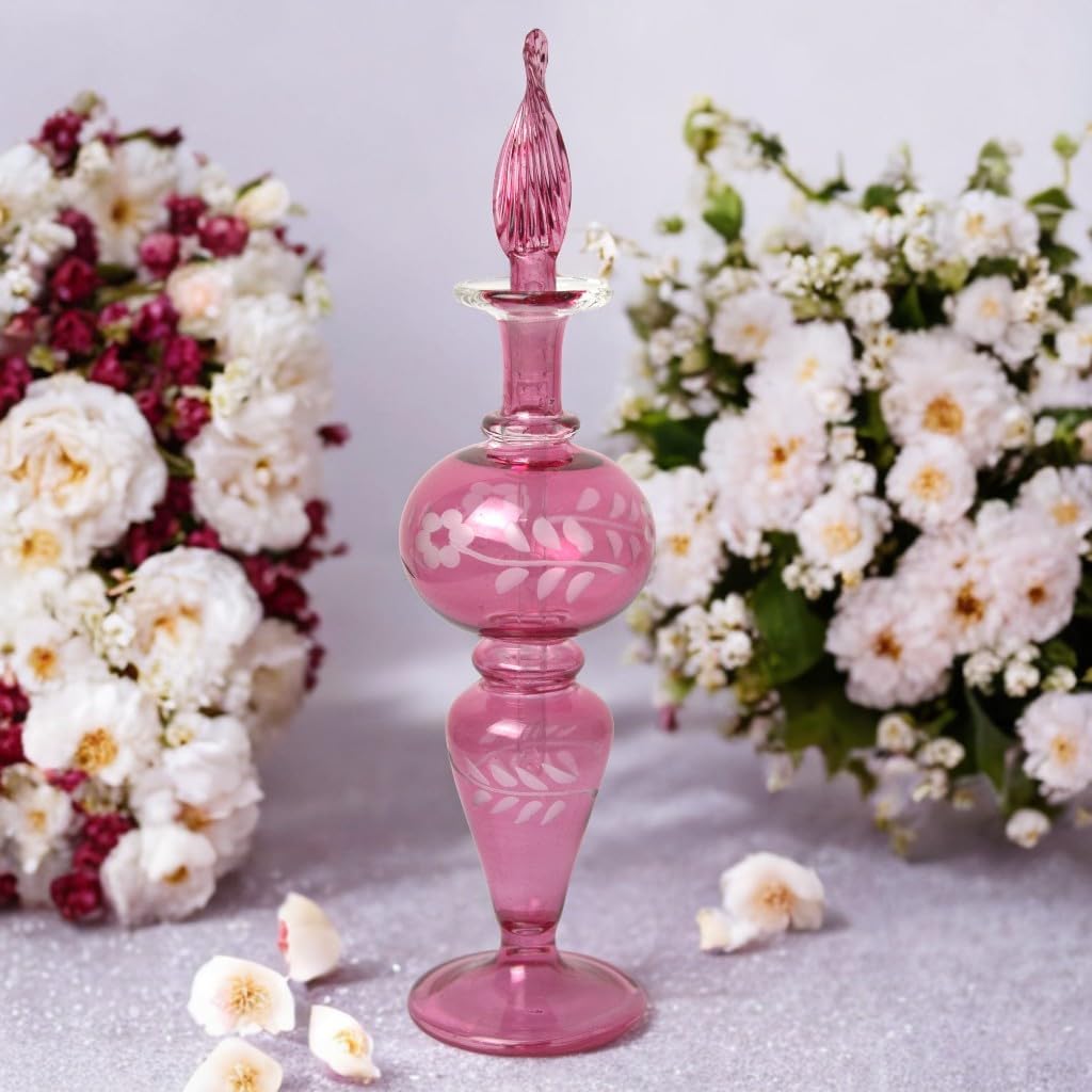 Hand-Blown Pink Glass Perfume Bottle with Floral Etching