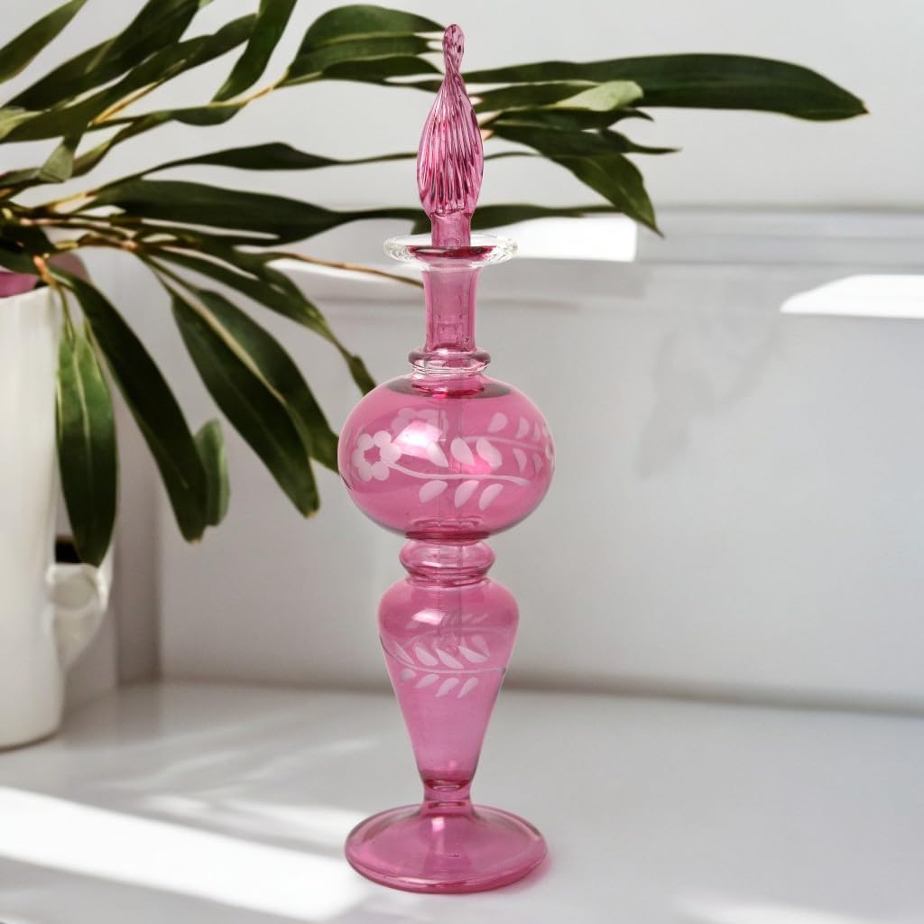 Hand-Blown Pink Glass Perfume Bottle with Floral Etching