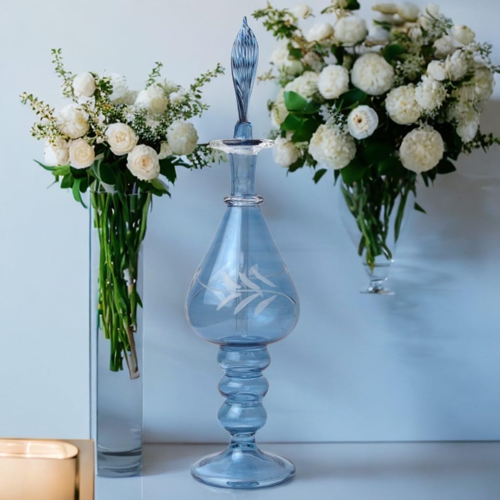 Ornamenta Handmade Blown Glass Perfume Bottle with Blue Engraving