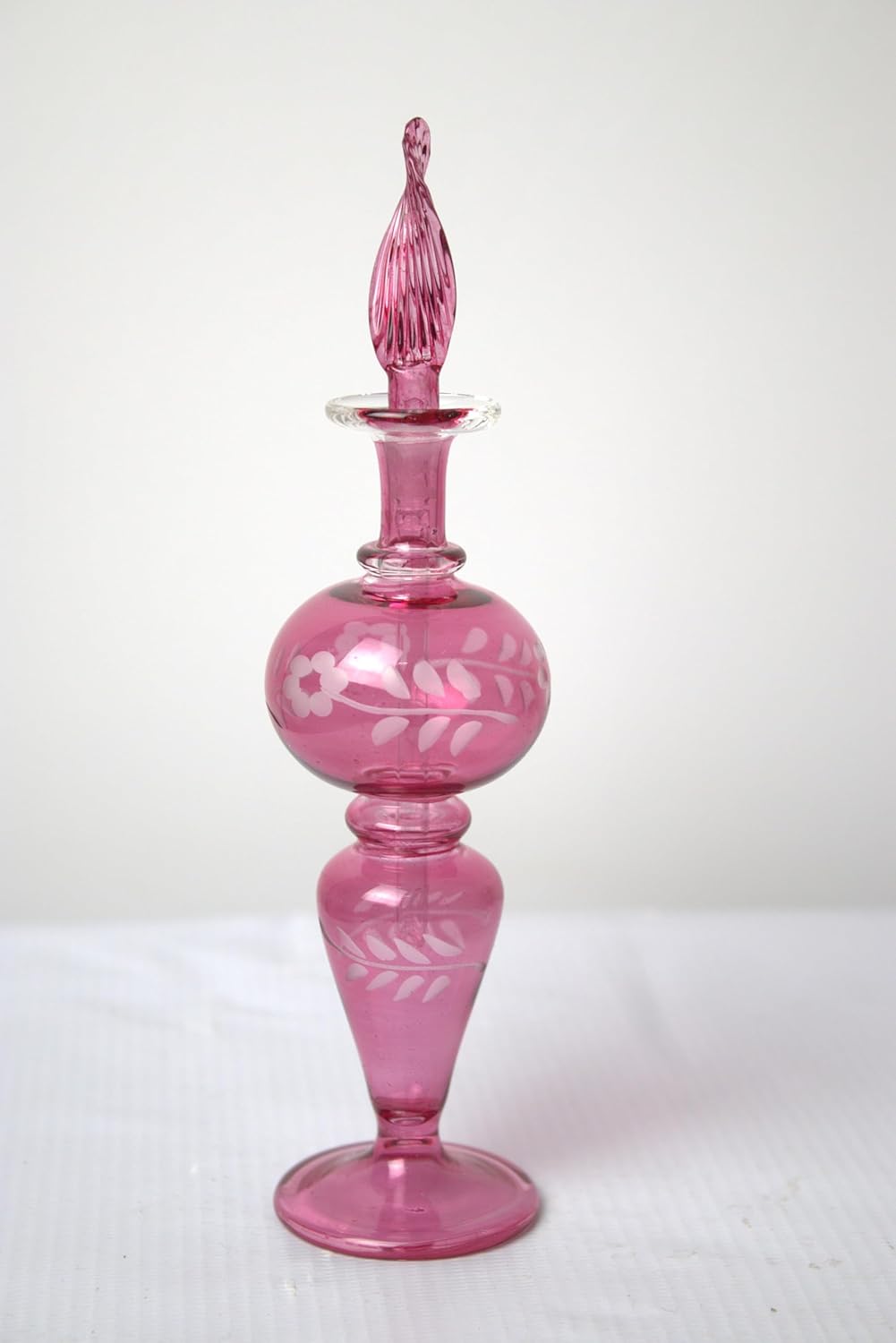 Hand-Blown Pink Glass Perfume Bottle with Floral Etching