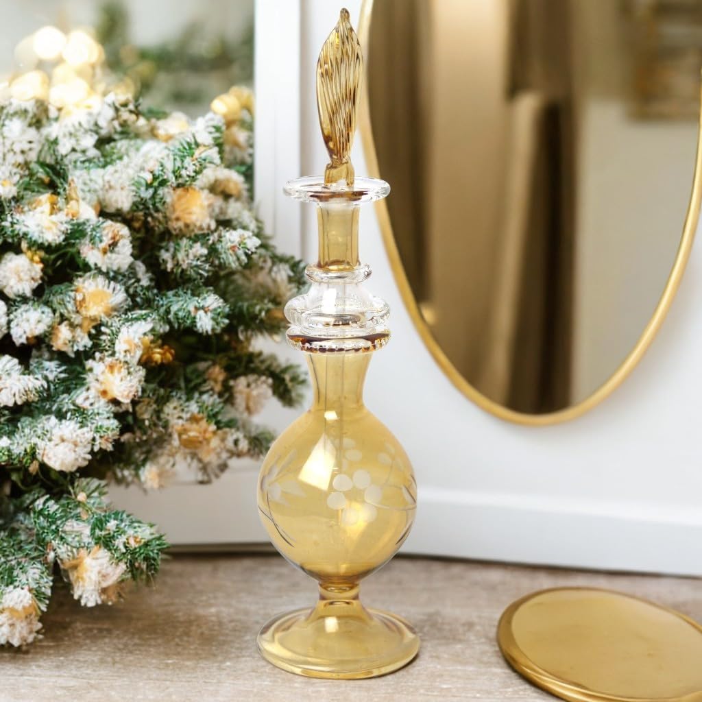 Hand-Blown Amber Glass Fragrance Bottle with Etching