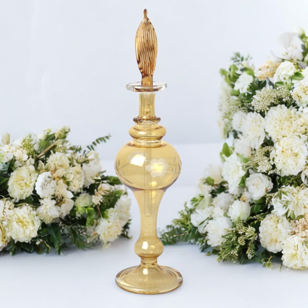 Hand-Blown Amber Glass Fragrance Bottle with Floral Etching