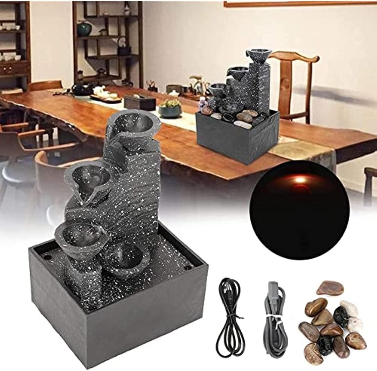 USB Desktop Water Fountain with Irregular Stones and LED Lights