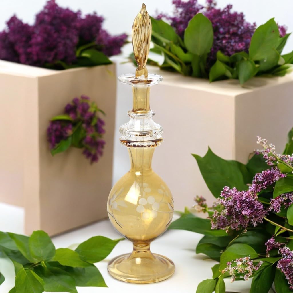 Hand-Blown Amber Glass Fragrance Bottle with Etching