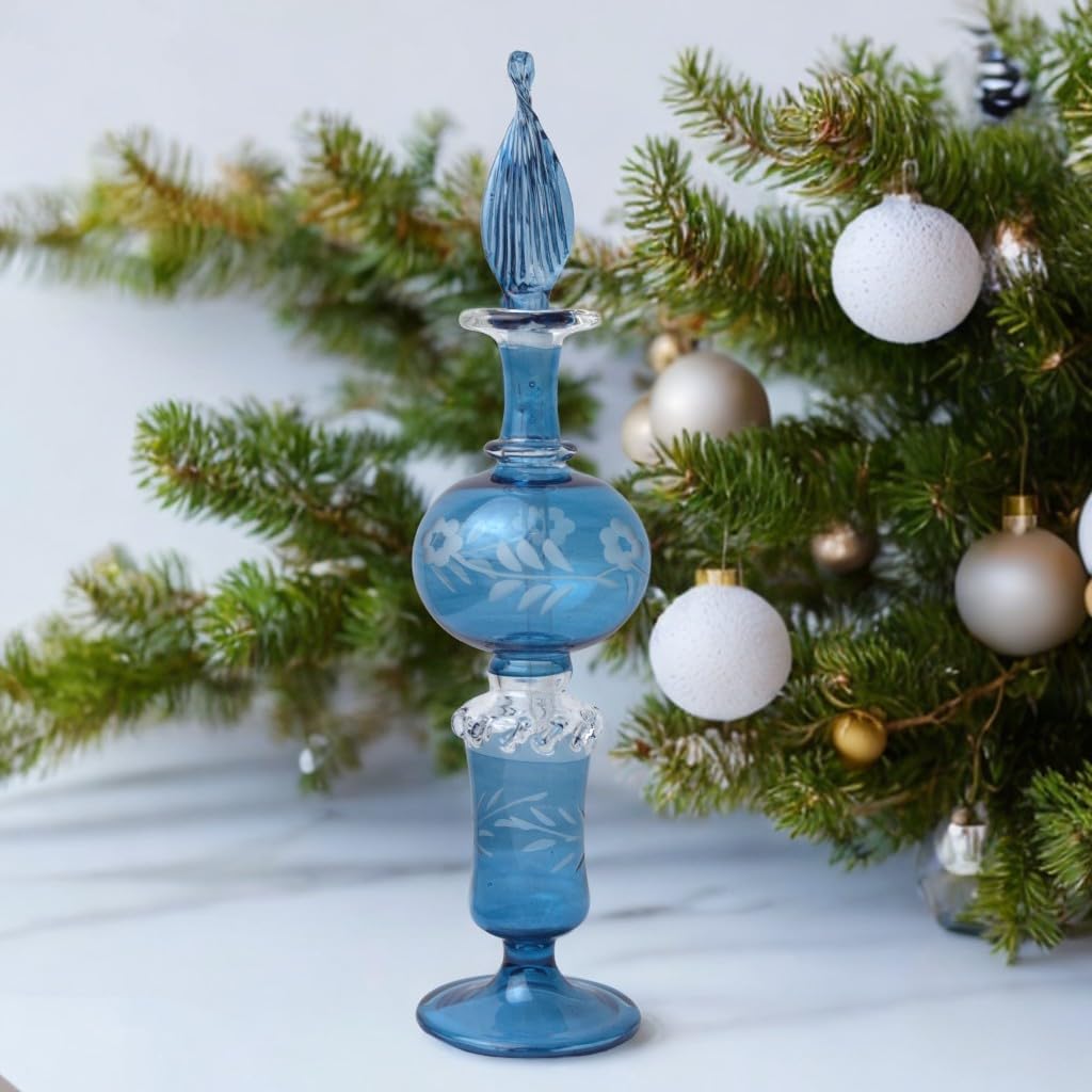 Ornamenta Handcrafted Blue Glass Perfume Bottle with Engraved Design