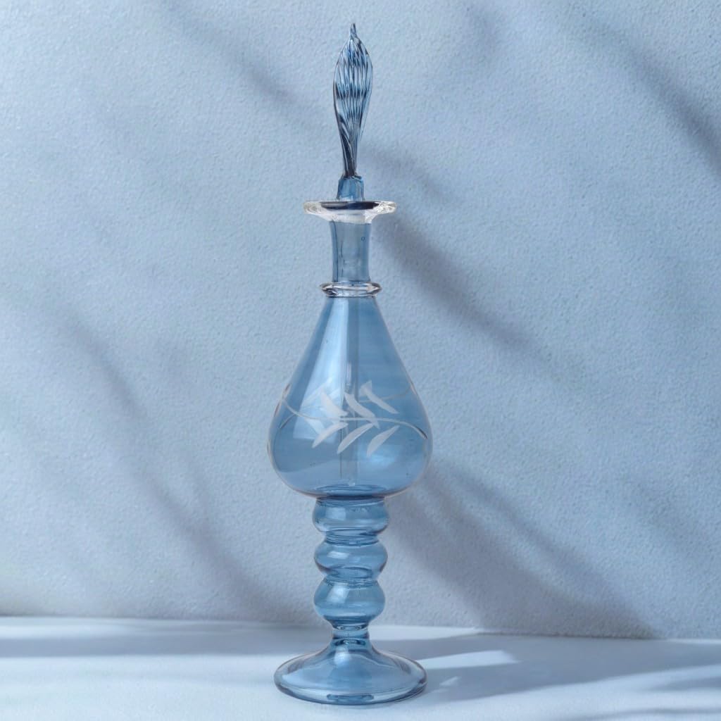 Ornamenta Handmade Blown Glass Perfume Bottle with Blue Engraving