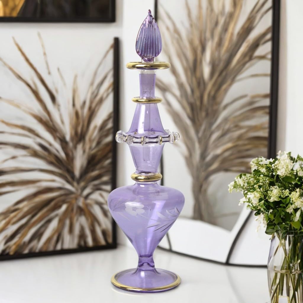 Egyptian Glass Perfume Bottle with Golden Trim and Engraved Design